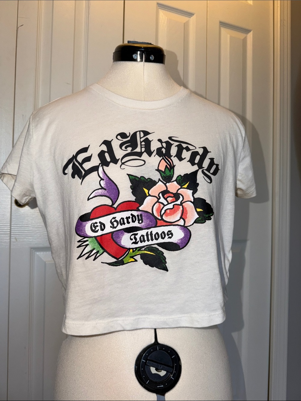 Ed Hardy White Crop Tee with Multicolor Tattoo Heart & Rose Graphic